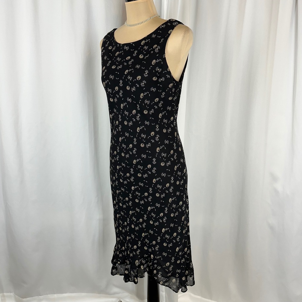 Donna Ricco Petite Size 12P Navy Floral Midi Dress Sleeveless Ruffle Hem